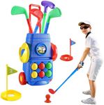 OneAndes Kids Golf Club Set Golf Cart with Wheels, 4 Colorful Golf Sticks, 6 Balls & 2 Practice Holes Fun Young Golfer Sports Toy Kit for Boys &Girls Promotes Physical & Mental Development