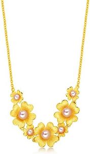 CHOW SANG SANG 999.9 24K Gold Chinese Wedding Collection Floral Four-Leaf Clover with Pearls Necklace for Women and Wedding Occasion 89000N | 18.5 Inches, (47 CM)