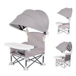 Foldable Baby Travel Seat Booster with Canopy and Removable Tray, Portable Toddler Camping Chair, Toddler Folding Dining Chair for Outdoor Camping Picnic