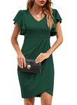 ihot Formal Dress for Women Deep V Neck Ruffle Sleeve Sheath Bodycon Casual Cocktail Party Evening Faux Wrap Dresses Work Office Dress with Front Slit,Dark Green,X-Large