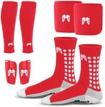 MediCaptain Soccer Grip Socks, Shin Guards, Pre Cut Sock Sleeves, and Guard Straps Bundle Pack - Essential Equipment for Soccer Players - for Mens, Women, Youth, Size 7 to 12 US Men Shoe Size (Red)