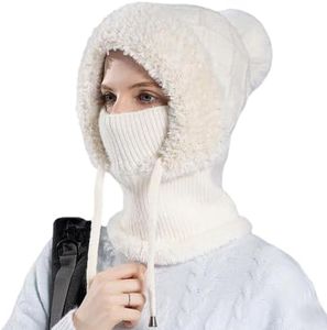 3 in 1 Beanie Hat for Women, 3 in 1 Winter Knitted Hat with Scarf and Mask, 3-in-1 Winter Balaclava (White)