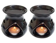 Pure Source India Ceramic Clay Oil Burner Aroma Diffuser (Black) -Set of 2