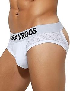 Arjen Kroos Men's Jockstrap Underwear Breathable Mesh Athletic Supporter Cotton Pouch Jock Briefs,AK2150-White,Large