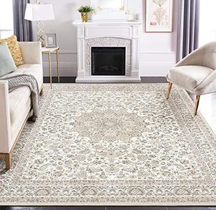 Area Rug Living Room Rugs: 9x12 Large Machine Washable Non Slip Thin Carpet Soft Indoor Luxury Floral Stain Resistant Carpets for Under Dining Table Farmhouse Bedroom Nursery Home Office Beige