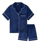 CityComfort Girls Short Pyjama Sets - Satin, Button Down 2 Piece Set - Girls Gifts (Navy, 11-12 Years)