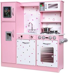 Lil' Jumbl Kids Kitchen Set, Pretend Wooden Play Kitchen, Battery Operated Icemaker & Microwave with Realistic Sound, Pots & Pan Included - Pink