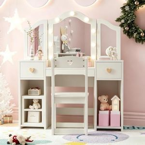 Takywep Kids Vanity Set with LED Lighted, Mirror, Stool and Storage, White