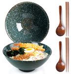 NUTRIUPS 8 Inch Ceramic Ramen Bowl Set of 2 Pho Bowls Japanese Noodle Udon Soup Bowls with Spoons and Chopsticks (Emerald)