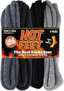 HOT FEET Cozy, Heated Thermal Socks for Men, Warm, Patterned 4 Pack Hiking Crew Socks, USA Men’s Shoe Sizes 6 – 12.5 - (Denim / Navy / Black / Gray)