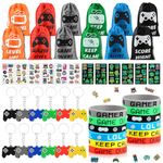 Video Game Party Bag Fillers, 48PCS Gaming Party Favours with Drawstring Bags, Silicone Bracelet, Keychain and Glow Temporary Tattoos, Video Game Birthday Party Supplies for Kids Boys Adult Gamer