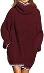 Pink Queen Women's High Neck Batwing Long Sleeve Shift Short Sweater Dresses Baggy Pullover Knit Party Outfits Dress with Pockets Dark Red S