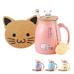 Kawaii Tea Cup with Infuser Cat Mug Ceramic Coffee Mugs Cute Mugs with Lid Spoon Gifts for Cat Loves (Pink)