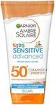 Garnier Ambre Solaire Sun Cream Lotion SPF 50+ Sensitive Advanced Kids Sun Screen 175ml, Face & Body, High UVA UVB Protect, Non-Sticky, Water-Resistant, Sand & Sweat, Hypoallergenic, Fragrance-Free