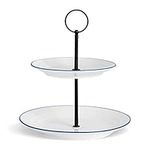 Nicola Spring Country Farmhouse 2-Tier Afternoon Tea Cake Stand - White with Blue Rims - 21cm x 24cm