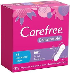 Carefree Breathable Unscented Panty Liners 48 pack| Body-contoured shape| Cottony-soft cover| Wide Adhesive Strip| Breathable backing