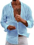 Linen Shirt Men's Long Sleeve Shirt Cotton Linen Tops Shirts Regular Fit Casual Business Shirt Casual Shirt Lightweight Beach Shirt Men Spring Summer Henley Shirts, 2-blue, 3XL