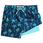 MaaMgic Boys Swim Trunks with Compression Liner Toddler Stretch Quick Dry Swim Shorts Quick Dry 2 in 1 Beach Shorts,Palm Tree-Navy,Large(14/16)