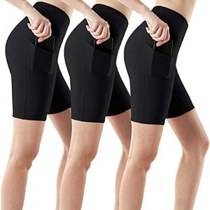 ATHLIO Women's (Pack of 3) High Waist Tummy Control Yoga Shorts, Workout Stretch Exercise Shorts, Running Shorts w Side Pocket YSP32-BLK_Large