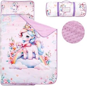 Toddler Nap Mat with Removable Pillow & Soft Minky Blanket, HNHUAMING Extra Large Rolled Napping Mats for Girls Boys, Kids Slumber Bags for Daycare, Preschool Travel Camping, Unicorn