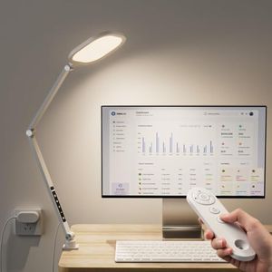 LitONES LED Desk Lamp for Home Office, 15W Desk Light with C- Clamp, Swing Arm, Memory & Timer Function, 1200LM Dimmable Computer Light for Video Calls, Conference, Study (White-Clamp)