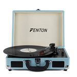 Fenton FP115 Briefcase Record Player with Bluetooth - 3-Speed Vinyl Turntable, Built-in Stereo Speakers, Portable Blue Design, AUX Input, USB Recording, Retro Style Suitcase for Home or Travel