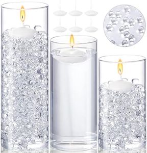 3 Pcs Glass Cylinder Vase Centerpieces Wedding Clear Multiple Size Candle Holder 6 Pcs White Floating Candles 10000 Pcs Vase Filler Gel Beads for Christmas Halloween Home Decor(2.5'' Diameter)
