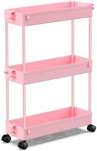 SPACEKEEPER Slim Rolling Storage Cart, 3 Tier Bathroom Organizer Utility Cart Laundry Room Organization Mobile Shelving Unit for Kitchen, Bathroom, Office, Bedroom, Narrow Places, Pink