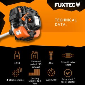 FUXTEC Petrol Strimmer & Brush Cutter – 31cc 4-Stroke with Blade, Line Head, Strap