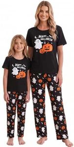 MyFav Halloween Mommy and Me Pajamas Matching Pajamas Mother Daughter Short Sleeve Long Pants Girls Sleepwear Black Ghost,6Y
