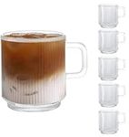 D.M DESIGN·MASTER [6 Pack, 12 OZ] - Premium Glass Coffee Mugs with Handle, Classic Vertical Stripes Tea Cup,Transparent Tea Glasses for Hot/Cold Beverages.