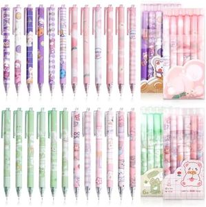 SHAIDOJIO 24Pcs Kawaii Gel Ink Pens, 0.5mm Black Ink Retractable Gel Pens, Fine Point Aesthetic Pens, Cute Office School Supplies for Kids Girl Women Writing Journaling, Taking Notes