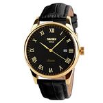 SKMEI Business Men’s Quartz Wristwatches Roman Numeral Leather Band Casual Water Resist Analog Watches, Black+Gold, Business