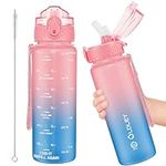 Oldley Kids Water Bottle for School, 17 oz (Straw Lid) BPA-Free Reusable Leak-proof Durable Tritan Plastic Water Bottles with One-handed Opening Straw Lids, Anti-dust Spout Cover (Pink-Blue)