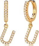 MEVECCO 18K Gold Filled Gold CZ Pave U Initial Drop Huggie Earrings Diamond Cut Cubic Zircon Inlayed Letter Dangle Charm Initial Huggie Hoop Earrings Personalized Dainty Tiny Symbolic Jewelry