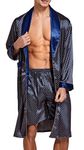 Mens Satin Robe Lightweight Silk Long Sleeve Bathrobe with Shorts Set Spa Kimono Sleepwear (XL, Blue with Golden)