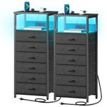 Seventable Nightstand with Power Outlets and LED Lighting, 6-Drawer Fabric Storage and Open Shelf, Bedside Table for Bedroom, Versatile End Table for Living Room, Black, Set of 2