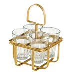 Nestasia Cutting Chai Glasses Set of 4 with Golden Metal Stand | Dhaba Style Tea Glass Holder Carrier | Rust-Resistant Wrought Iron Stand | Ideal for Chai, Coffee, and Beverage (150 ml)