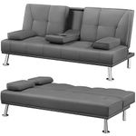 Yaheetech Click Clack Sofa Bed Faux Leather 3 Seater Sofa Couch Living Room/Spare Room/Guest Room Bed Settee with Cup Holders Dark Gray