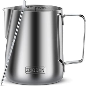 Milk Frothing Pitcher, 32oz Espresso Steaming Pitchers Stainless Steel Cappuccino Coffee Machine Accessories Barista Tools Steamer Froth Pitchers Milk Jug Cup with Decorating Pen Latte Art Silver