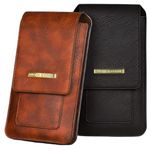 【Universal Pouch for 2 Phones】 Vertical Cell Phone Pouch Bag Crazy Horse Leather Phone Waist Pouch Holster Belt Holder Hanging Pack (Brown)