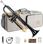 STRICH Bb Standard Trumpet Set for Beginners, Brass Student Trumpet Instrument with Hard Case, Cleaning Kit, 7C & 3C Mouthpieces, Gloves, STR-1B, Black
