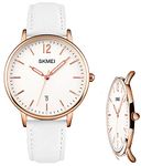 SKMEI Women's Watches, Leather Band Waterproof Ultra Thin Casual Simple Dress Quartz Analog with Date Calendar, white, Minimalist