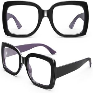 GQUEEN Oversized Fake Glasses Women Men Retro Thick Big Square Frame Clear Lens UV400 Protection Fashion Eyeglasses,Black Purple