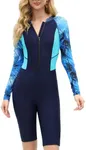 ECUPPER Women Long Sleeve One Piece Swimsuit Boyleg Zipper Rash Guard Bathing Suit Coverage Surfing Swimwear Built in Bra Blue S