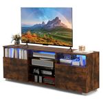 COSTWAY LED TV Stand for 65 Inch TVs, Wooden TV Cabinet Media Entertainment Center with RGB LED Lights, Adjustable Glass Shelves and 2 Doors, 146cm TV Unit Console Table for Living Room (Rustic Brown)