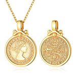 Gold Coin Pendant Necklaces,18K Gold Plated Elizabeth Ⅱ British Lucky Sixpence Coin Vintage Round Gold Medallion Necklace Jewelry for Women Mothers Day Gifts for Mom Grandma