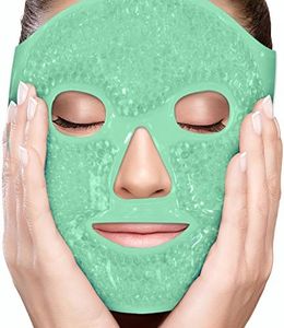 (Green) - PerfeCore Facial Mask - Get Rid of Puffy Eyes - Migraine Relief, Sleeping, Travel Therapeutic Hot Cold Compress Pack - Gel Beads, Spa Therapy Wrap for Sinus Pressure Face Puffiness Headaches (Green)