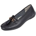 Ladies Nautical Wide FIT Leather Smart Loafer Tassel Moccasin Flat Slip On Comfort Shoe Size 4-8 (UK 6/ EU 39, Black)