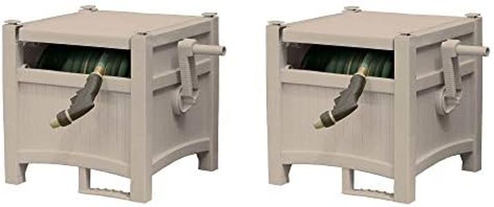 Suncast CPLPHH100D Hideaway 100' Capacity Resin Garden Hose Reel for 5/8" Hose Outdoor Storage with Stay-Up Lid & Crank Handle, Taupe (2 Pack)